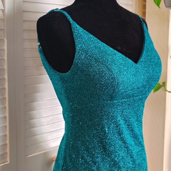 Stunning Teal Glitter Prom Dress with High Slit - Picture 6 of 15